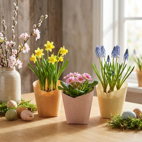Plantekar papir vævet vanilje, orange, pink Ø7cm H13cm 12 stk | Floristik24.dk