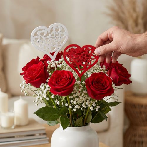 Blomsterprop hjerte rødt, hvidt pyntestik Valentinsdag 7cm 12stk | Floristik24.dk