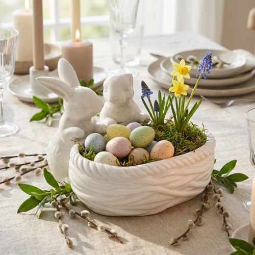 Kaniner med rede, bordpynt, påskerede, porcelænsdekoration, dekorativ skål hvid L15cm H11cm | Floristik24.dk