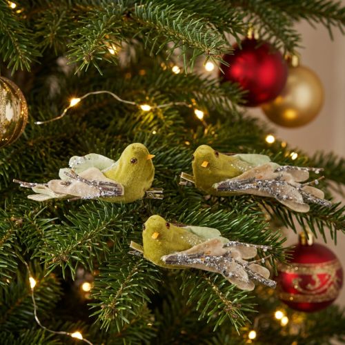 Juledekorationsfugl på klips, grøn, glitter, 12 cm, 6 stk. assorteret | Floristik24.dk