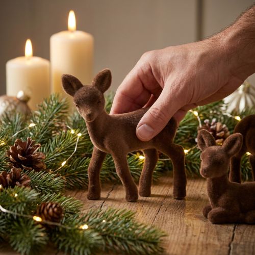 Dekorativ figur hjort fawn flockede brune julefigurer 10,5cm 6 stk | Floristik24.dk