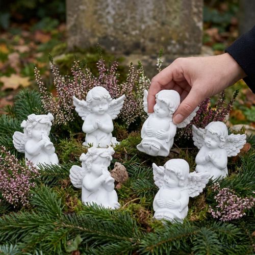 Dekorativ engel med hjertegravdekoration hvid polyresin H5cm 6stk | Floristik24.dk
