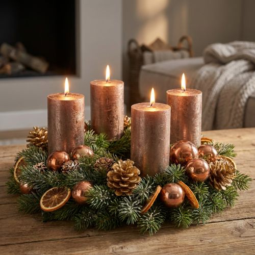 Bloklys, sæt med 4, ensfarvet metallisk kobberbrun, 70x120mm - Elegante dekorative lys med lang brændetid | Floristik24.dk