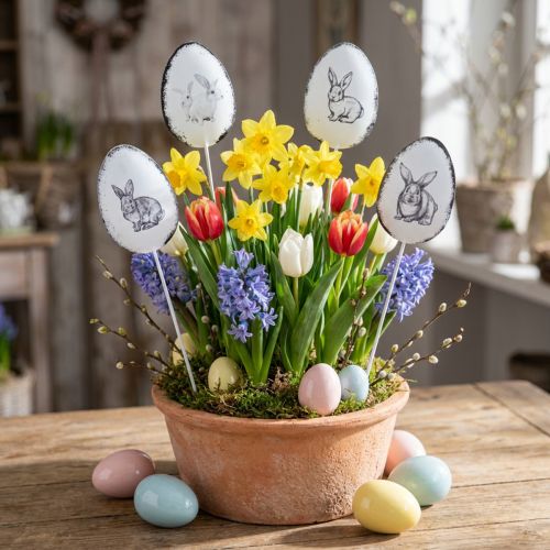 Blomsterprop metal dekorative æg med påskeharer 5×7cm 8 stk | Floristik24.dk