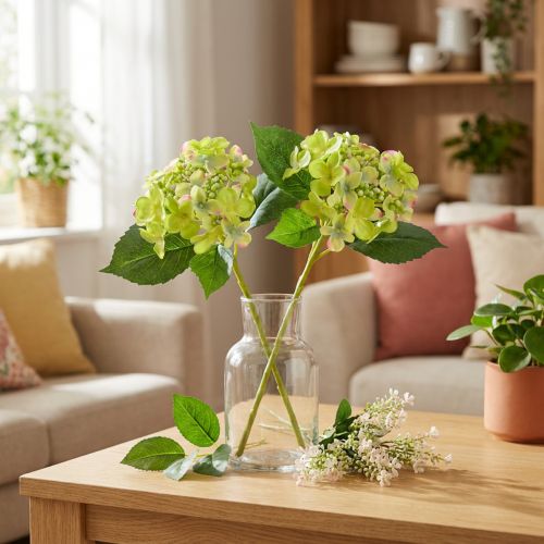 Kunstige Hortensia Grønne Blomster Blade L43cm 2stk | Floristik24.dk