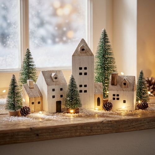 Mini julelandsby trædekoration hvid naturfarvet H13/7cm 6 stk | Floristik24.dk