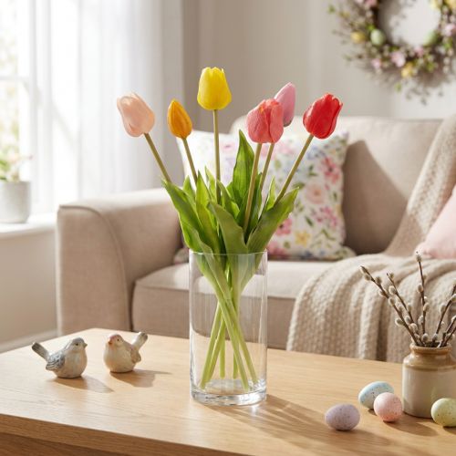 Artikel Kunstig tulipanbuket, farverig, realistisk dekoration, høj kvalitet til hjemmet, 43 cm, 7 stk.