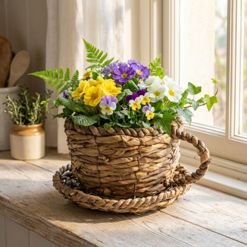 Plantekop med underkop, lille stråplantekurv, Ø17 cm H13 cm | Floristik24.dk
