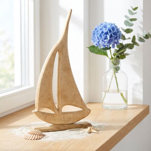 Artikel Sejlbåd Træ på Base Naturlig Borddekoration Maritime H42cm