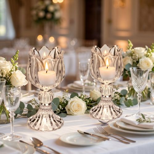 Artikel Glaslysestager med blomstermønster til elegant borddekoration, 14 cm, 2 stk.
