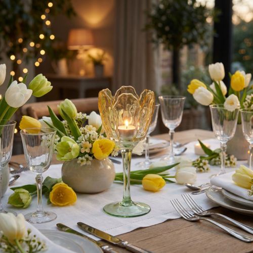 Artikel Tulipan fyrfadsstage med blomstermotiv, dekoration til en romantisk og elegant atmosfære, 20 cm