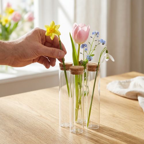 Reagensglas dekorativ vase med kork låg Ø4cm H18cm 6 stk | Floristik24.dk