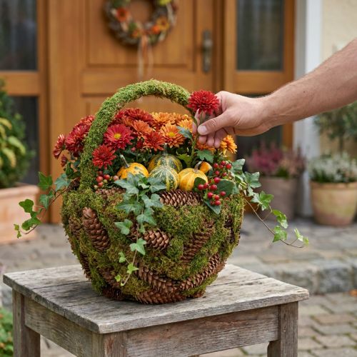 Rustik plantekurv med mos og kogler - dekorativ kurv med hank Ø32cm H42cm - alsidig have- og boligdekoration | Floristik24.dk