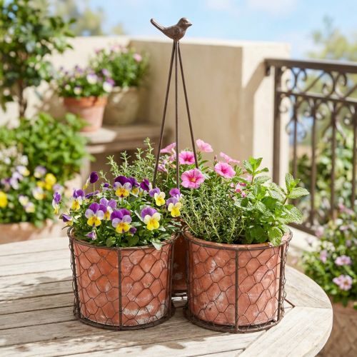 Urtepotte keramik netkurv metal brun Ø30cm H11,5cm | Floristik24.dk