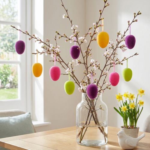 Påskeæg til ophængning flocked 4 farver 9,5 cm 8 stk | Floristik24.dk