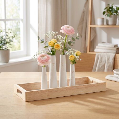 Dekorativ Bakke Træ Minivaser Keramik Hvidguld 35x14cm | Floristik24.dk