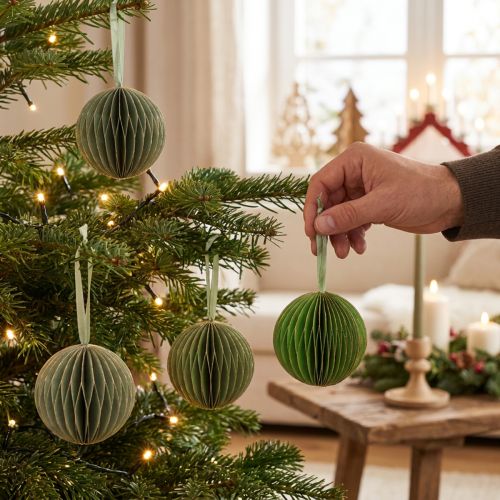 Julekugler, papirkugler af honningkage, grøn og guld, 7 cm, 4 stk., dekoration | Floristik24.dk