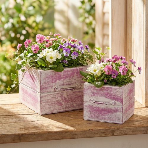 Planteskuffe med håndtag pink hvidt træ 12/15cm sæt med 2 stk | Floristik24.dk