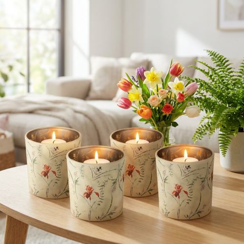 Artikel Dekorativ glaslanterne med blomstermotiv til atmosfæriske boligtilbehør, 8 cm, 4 stk.