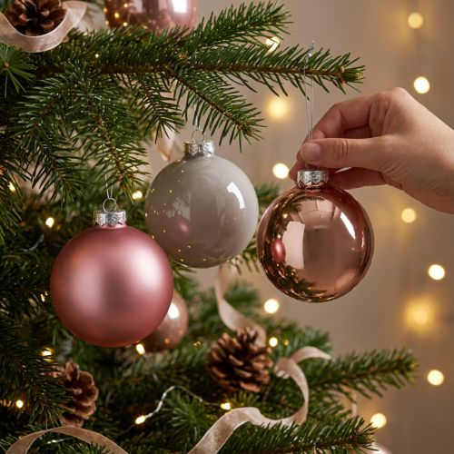 Julekugler lyserøde grå glaskugler Ø7,5 cm 14 stk. | Floristik24.dk