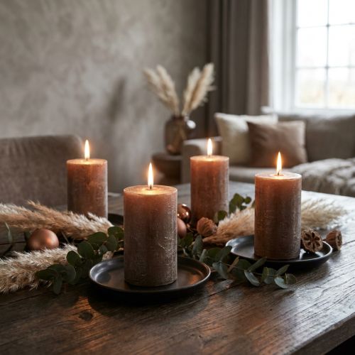Moderne bloklys, sæt med 4 i kobberbrun metallic, Ø70x100mm - Elegante, ensfarvede lys til stilfuld dekoration | Floristik24.dk