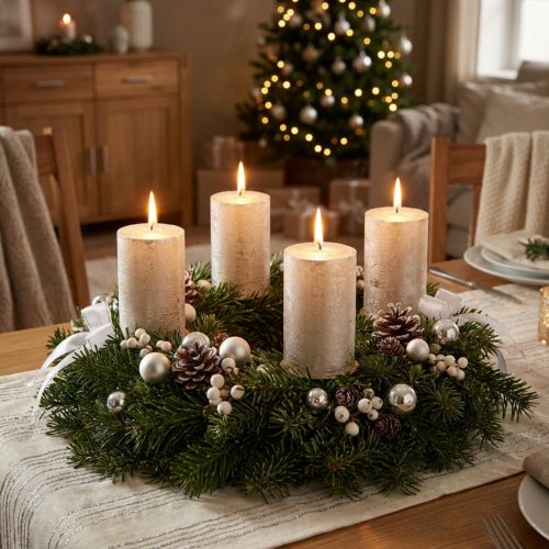 Platinfarvede bloklys, sæt med 4, 60x80mm - Elegant dekoration til adventskranse og borde | Floristik24.dk