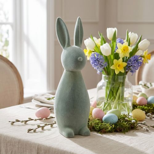 Dekorativ påskehare, flokket, grågrøn, H47cm | Floristik24.dk