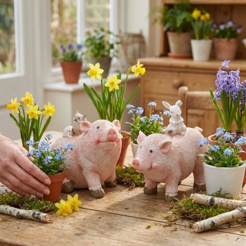 Dekorativt figursæt: grise med dyrevenner, 9,3 cm x 7,5/8,5 cm, 2 stk. | Floristik24.dk