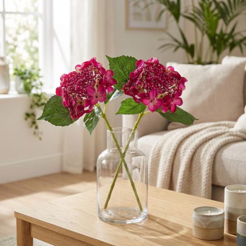 Kunstige Hortensiaer Pink Gren Blomsterblade 43cm 2stk | Floristik24.dk