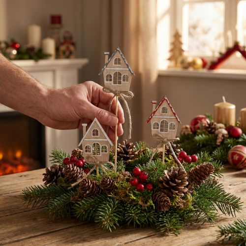 Pyntestik juledekoration huse træ 4,5x5cm 12 stk | Floristik24.dk
