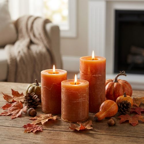 Mørkorange bloklys, ensfarvede overalt, Sunset Rustic, 60x80 mm, sæt med 4, til efterårs- og adventspynt | Floristik24.dk