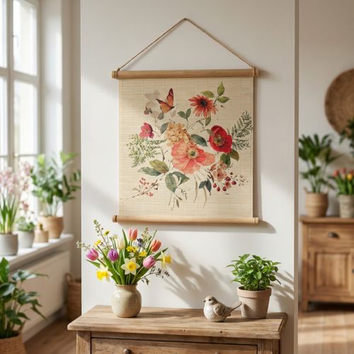 Blomsterdekoration vægkunst, træ bambusmåtte vægdekoration med jutesnor, H44 x B42 cm til stuen | Floristik24.dk