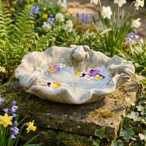 Fuglebad med frøer, beton havefigur, fuglebad lotusblad B21cm H7cm | Floristik24.dk