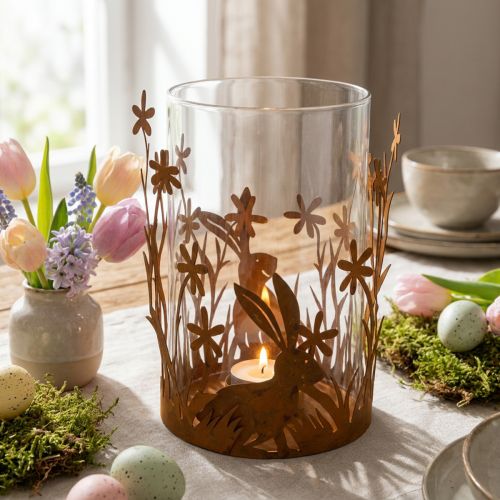 Lanterne med kaniner, forårsdekoration, metaldekoration med blomster, påskepatina Ø11,5cm H18cm | Floristik24.dk