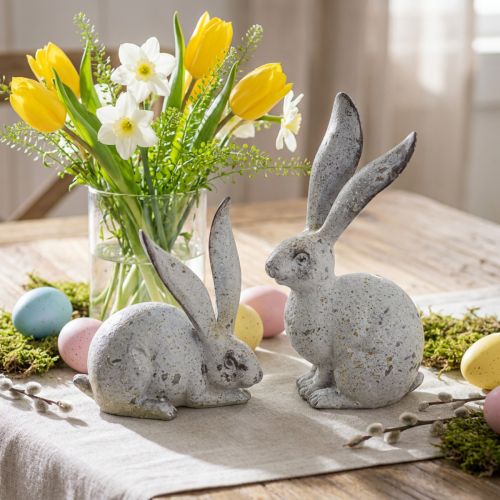 Dekorativ kanin, havefigur i betonlook, shabby chic, påskedekoration med sølvdetaljer H21/14cm, sæt med 2 | Floristik24.dk