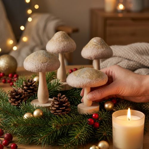 Dekorative svampe af træ og filt med glimmer, adventsborddekoration, 11 cm høje, 4 stk. | Floristik24.dk