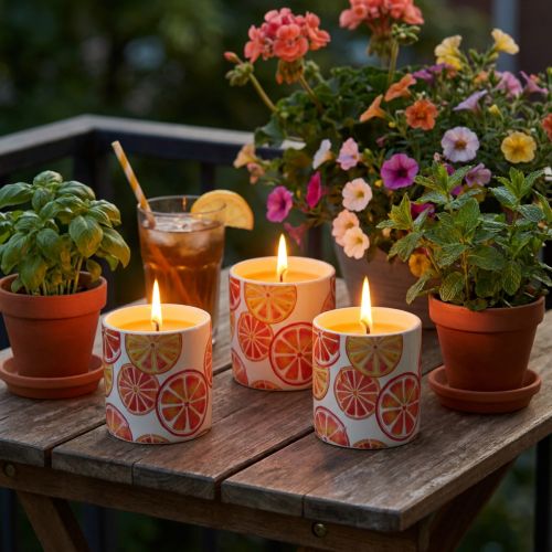 Stearinlys Udendørs Keramikgryde Citronella Frugt H7cm 3stk | Floristik24.dk