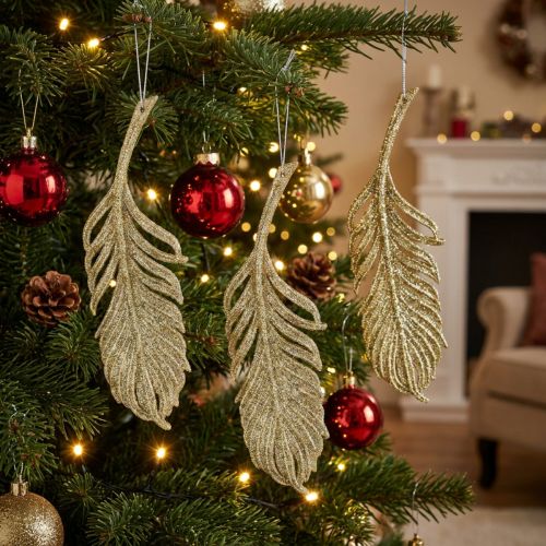 Dekorative fjer, trædekorationer med glitter, adventsdekorationer, fjer til ophængning af gyldne L22cm 12stk. | Floristik24.dk