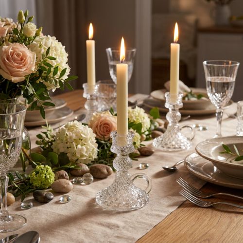 Lysestage med hank til koniske lys glas 10,5 cm klar 4 stk. | Floristik24.dk