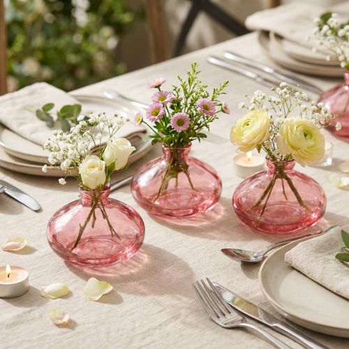 Minivaser glas, løgformet, flade, pink, tonet, Ø9 cm, H6 cm, 6 stk. | Floristik24.dk