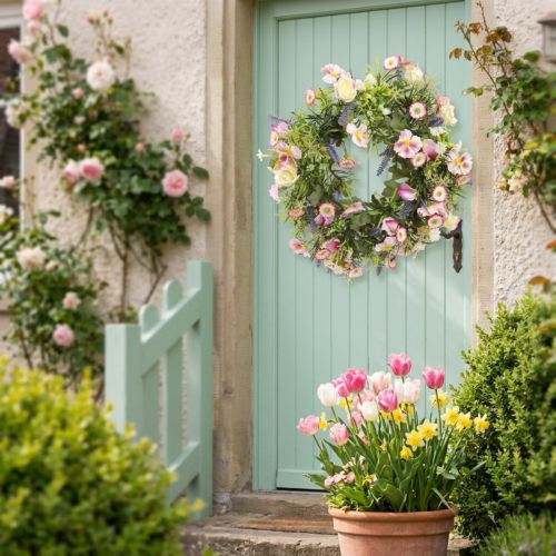 Artikel Blomsterkrans kunstige forårsblomster creme pink Ø33cm