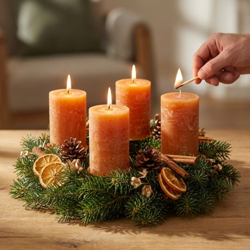 Bloklys, mørk orange, ensfarvet, Solnedgangsdesign, 60x100 mm, 4 stk., rustik, sommer, efterår, advent | Floristik24.dk