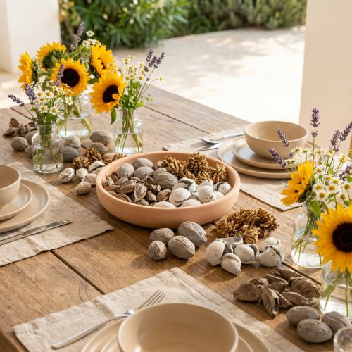 Artikel Potpourri borddekoration med nødder for en naturlig sommerstemning