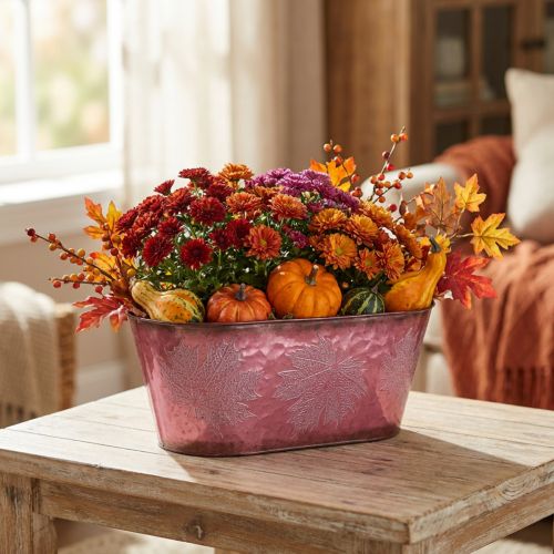 Skål med bladdekoration, planter, efterårsdekoration, metalpotte vin rød L38cm H15cm | Floristik24.dk