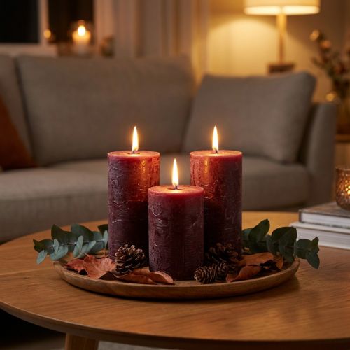 Sæt med 4 bordeauxrøde bloklys, ensfarvede, 70x120mm - Dekorative lys til hjemmets atmosfære og velvære | Floristik24.dk