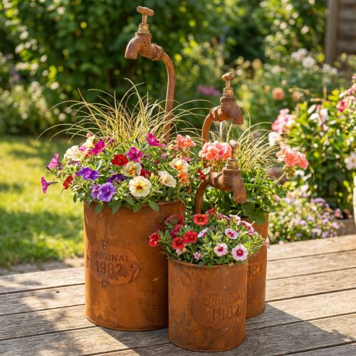 Plantekasse patina dekorativt metal med hane H25/37/43cm sæt med 3 stk | Floristik24.dk
