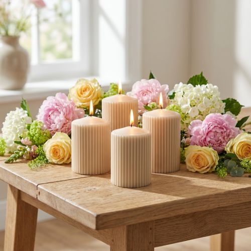 Søjlelys beige rillet lys 70/90mm 4 stk | Floristik24.dk
