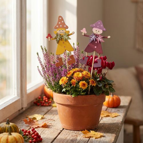 Blomsterstik efterårsdekoration træ gul lilla 8×6cm 12stk | Floristik24.dk