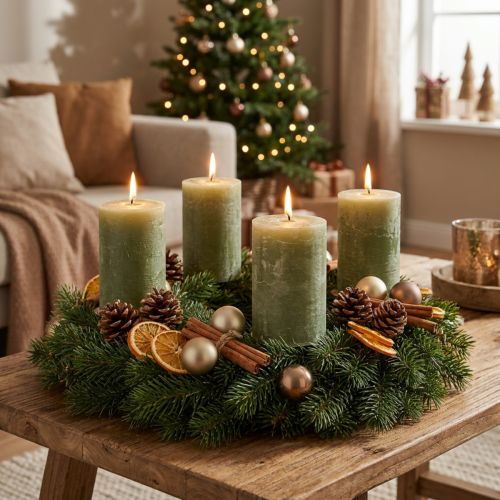 Ensfarvede olivengrønne bloklys, 85x120 mm, 2 stk., til adventskranse og bordpynt | Floristik24.dk