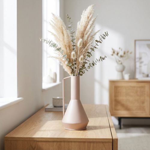 Artikel Moderne dekorativ metalvase i lyserød, 19,5 cm; dekorativ designerkande, 38,5 cm høj, til tørrede blomster